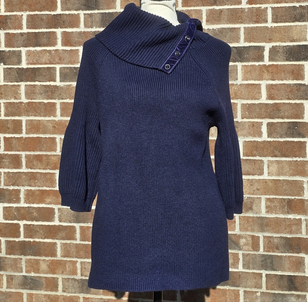 Ann Taylor Navy Ribbed Cowl Neck Sweater Tunic Snap Collar Metallic Trim Size M